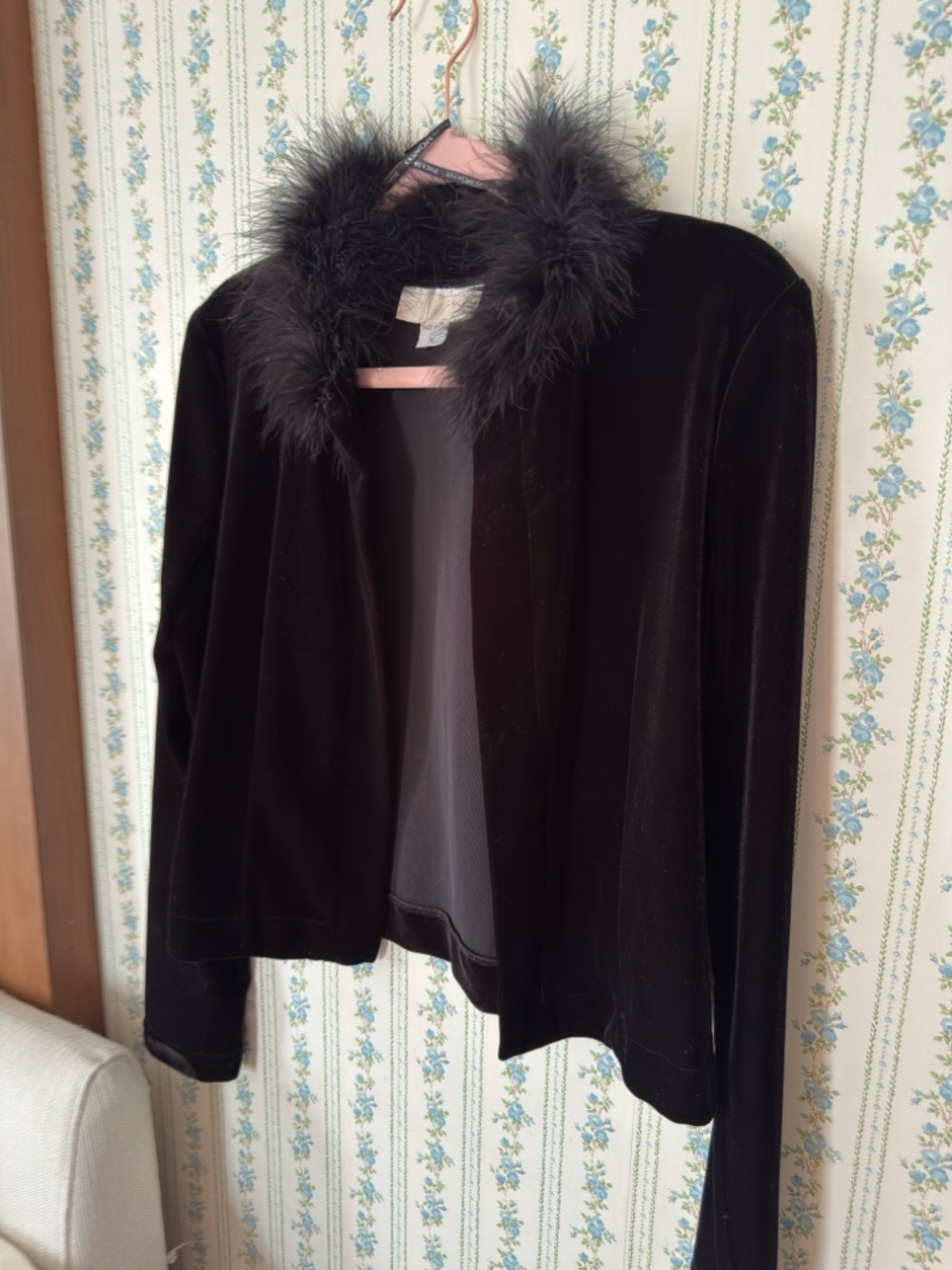 Jessica McClintock Black Velvet & Feather Jacket